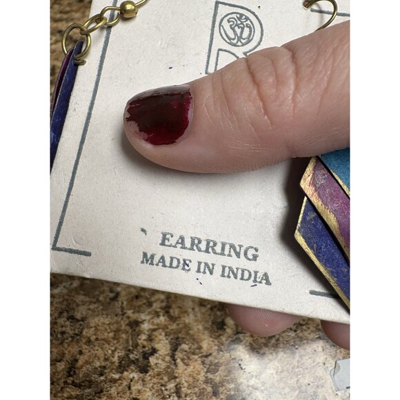 Vintage Funky 80s 90s Style Dangle Drop Earrings Teal Blue Pink Hexagon 2” India - Picture 5 of 6